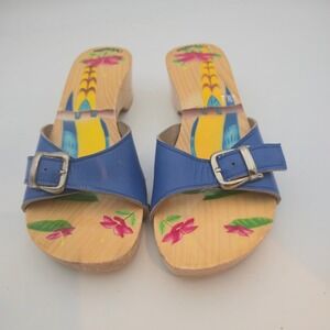 Blue Floral-Print Slide Clogs with Buckle Strap